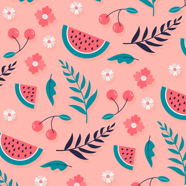 Flat design fruit and floral pattern illustration