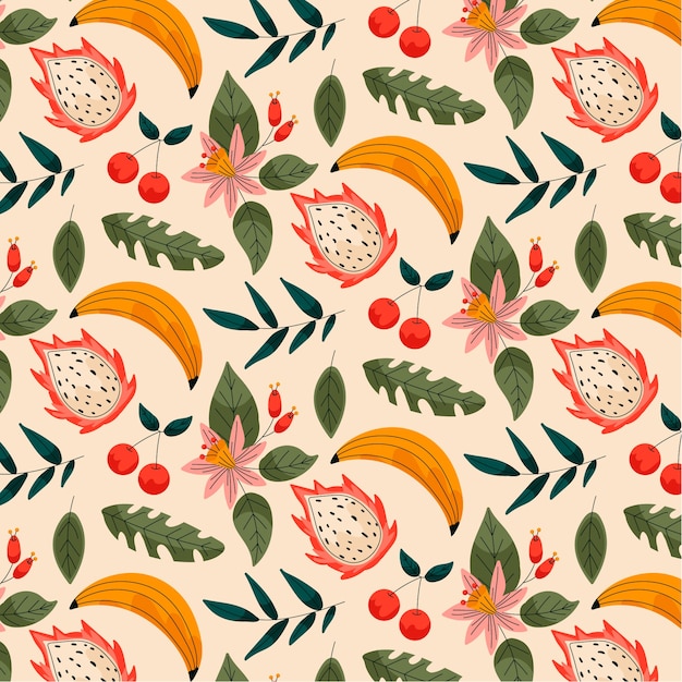 Flat design fruit and floral pattern illustration