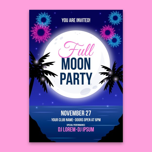 Flat design full moon party  invitation