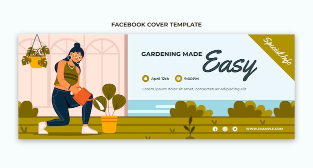 Flat design gardening facebook cover with nature