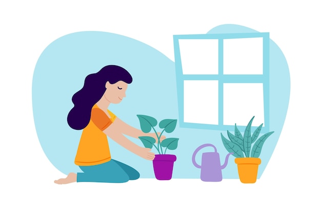 Flat design gardening at home concept illustration with woman