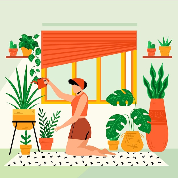 Free Vector flat design gardening at home concept with woman watering plants