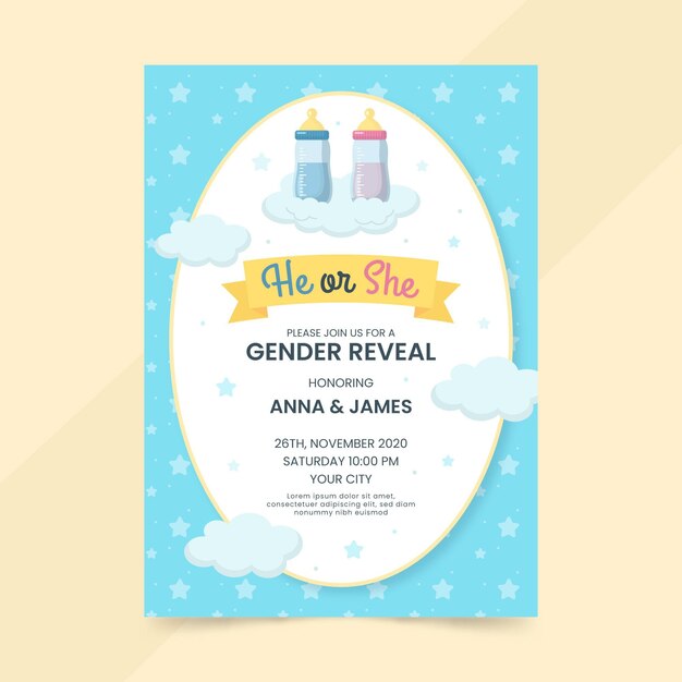 Flat design gender reveal invitation template