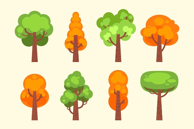 Free vector flat design green and orange trees collection