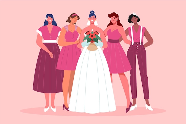 Flat design group of bridesmaids with bride