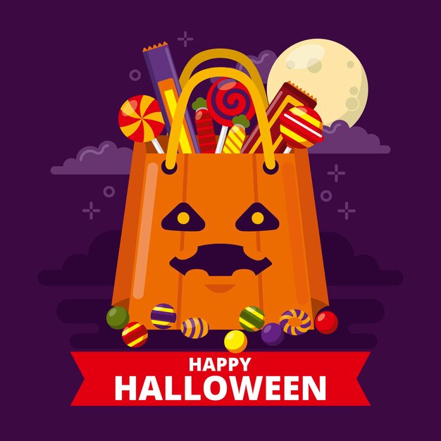 Flat design halloween bag with candy