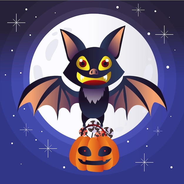 Flat design halloween bat with candy