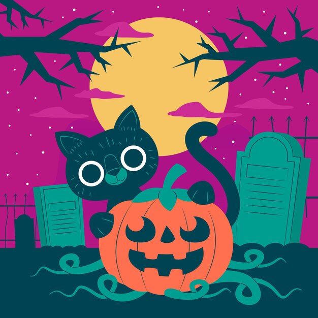 Flat design halloween cat in cemetery