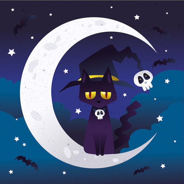 Flat design halloween cat on moon