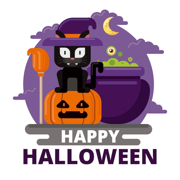 Flat design halloween cat wearing hat