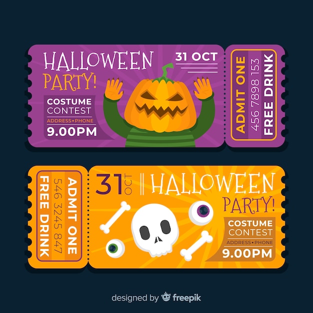 Flat design of halloween costume contest tickets