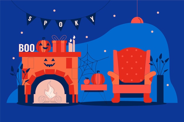 Free Vector flat design halloween decorated room