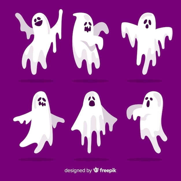 Flat design of halloween ghost collection on purple background