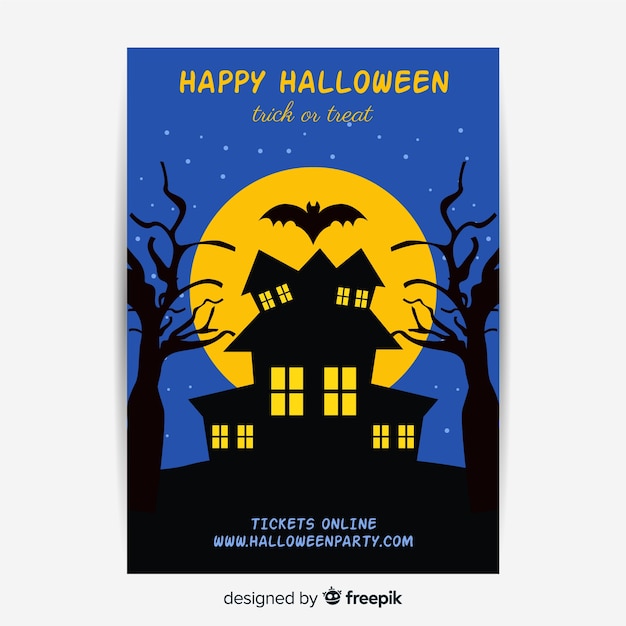 Free Vector flat design of halloween haunted house party poster template