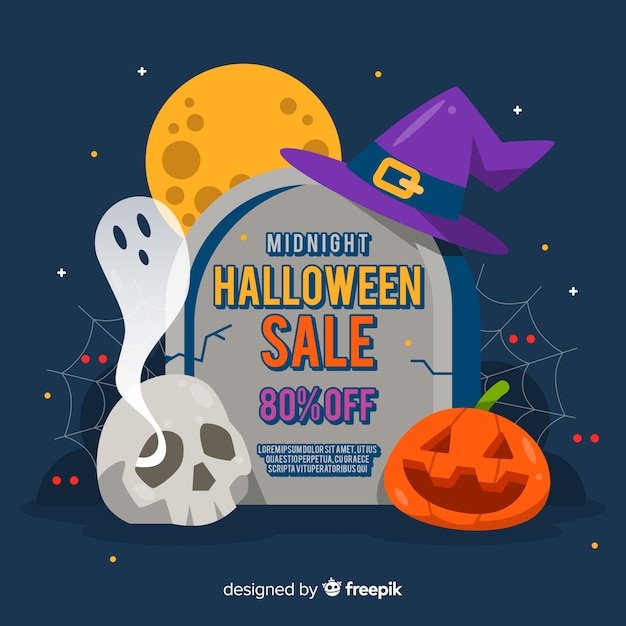 Flat design of halloween sale on tomb stone