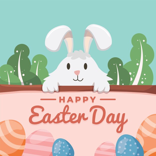 Flat design happy easter day with smiley rabbit