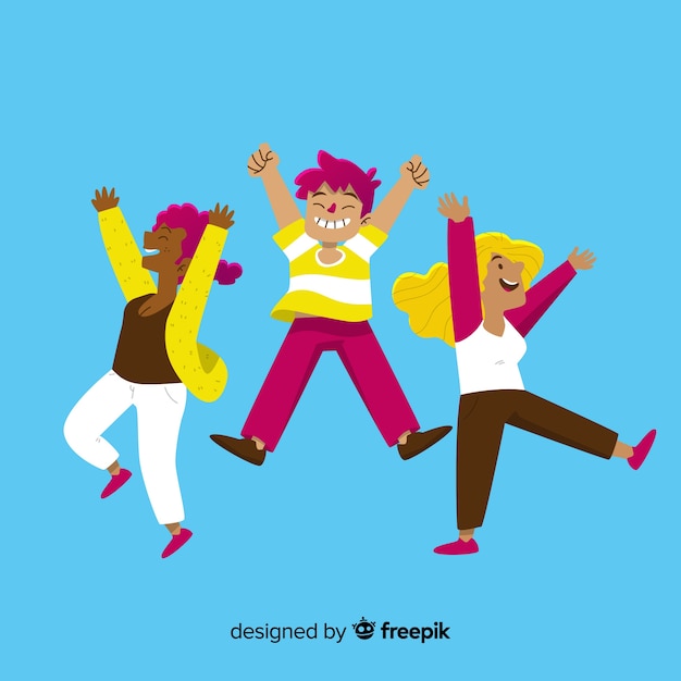 Flat design happy girls jumping