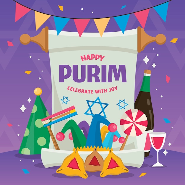 Flat design happy purim day event