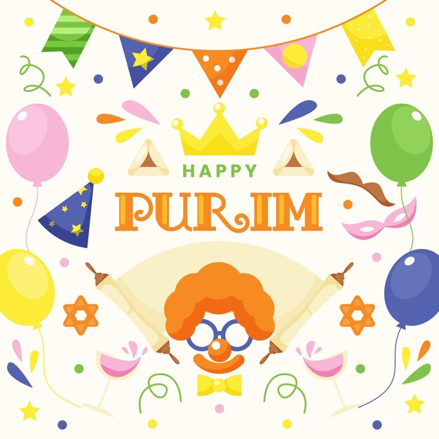 Flat design happy purim day illustration