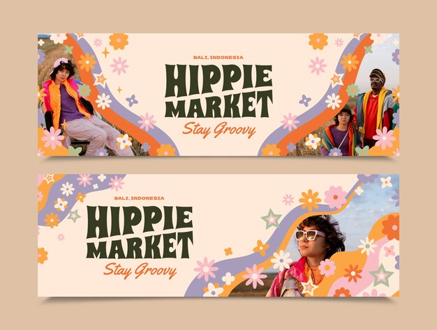 Flat design hippie market horizontal banner