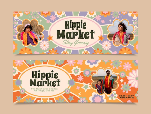 Free vector flat design hippie market horizontal banner