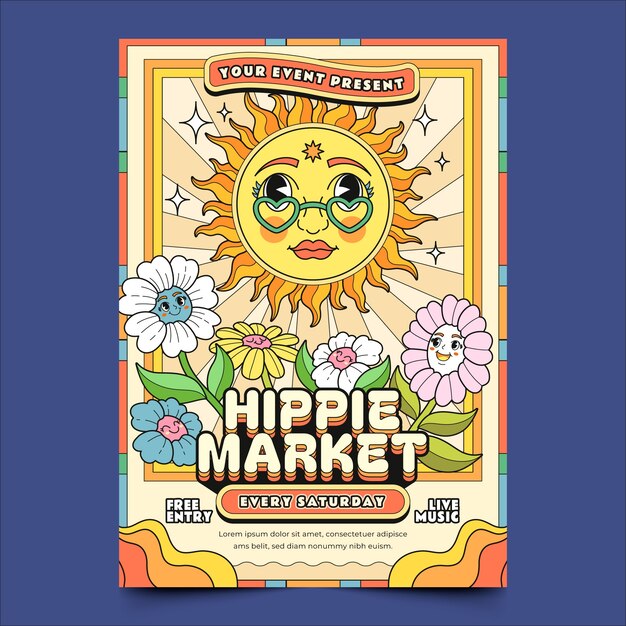 Flat design hippie market poster template