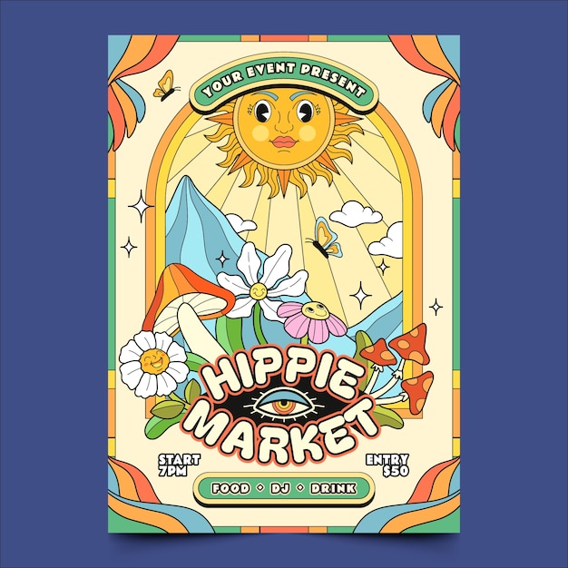 Flat design hippie market poster template