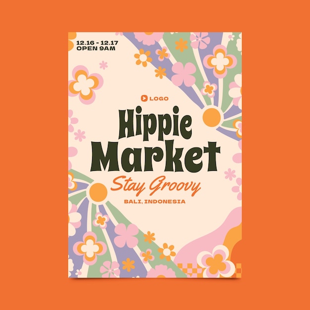 Flat design hippie market poster template