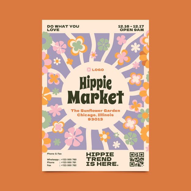 Flat design hippie market poster template