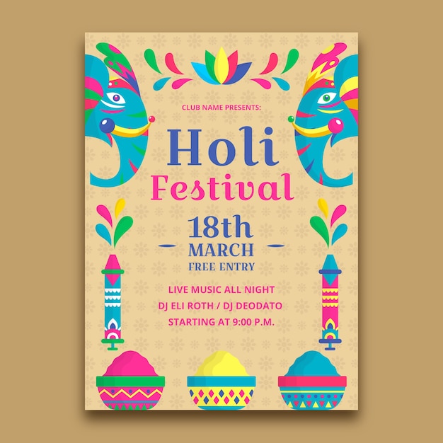 Free Vector flat design holi festival theme for flyer template