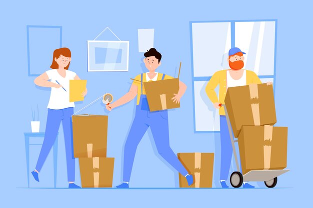 Flat design house moving illustration with charaters