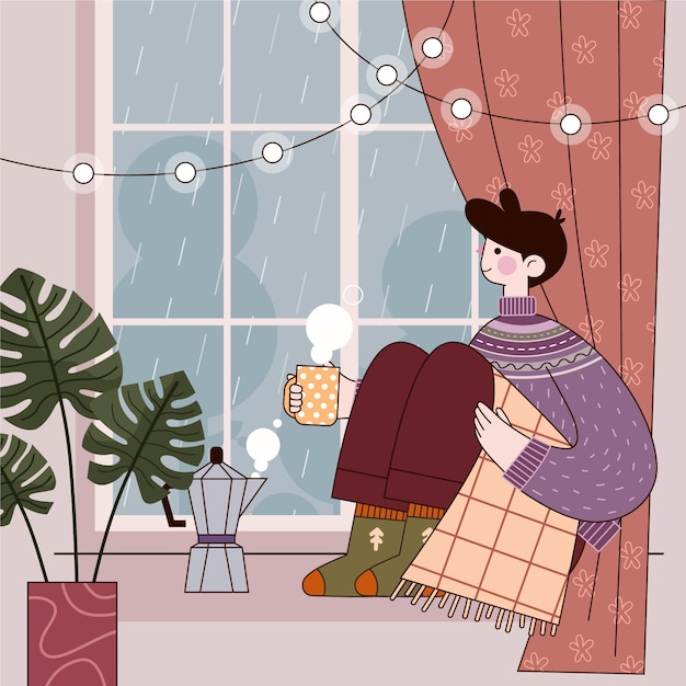 Flat design hygge concept with character