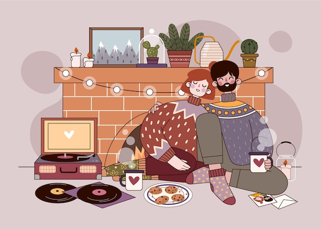 Flat design hygge concept with couple