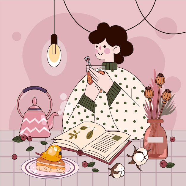 Flat design hygge concept with woman and hot drink