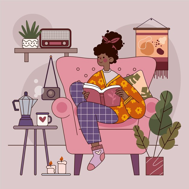 Flat design hygge concept with woman reading