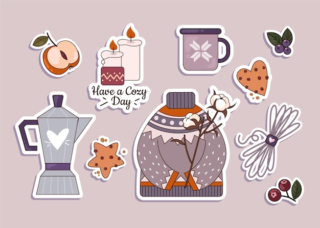 Free Vector flat design hygge stickers collection