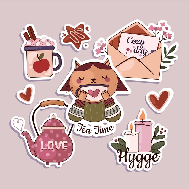 Free Vector flat design hygge stickers pack