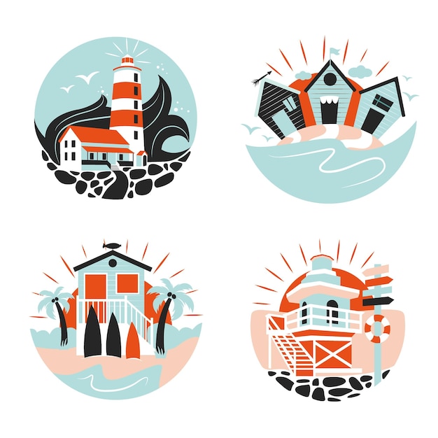 The flat design icons with lighthouses beach huts lifeguard houses and palm trees