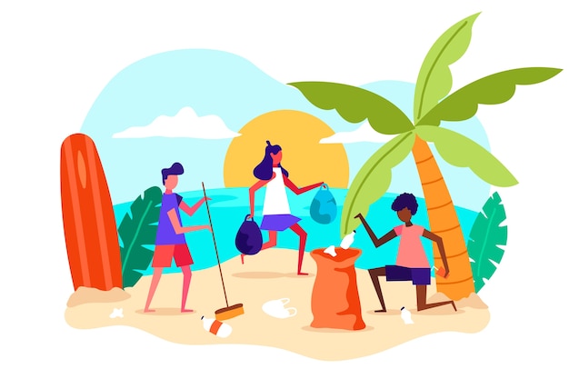 Flat design illustration people cleaning beach