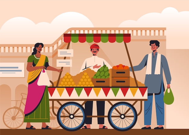 Flat design india food market illustration