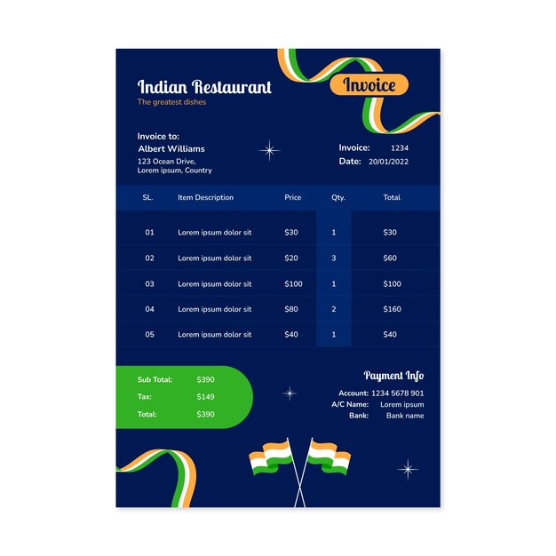 Flat design indian restaurant invoice template