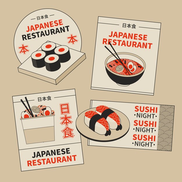 Flat design japanese restaurant labels