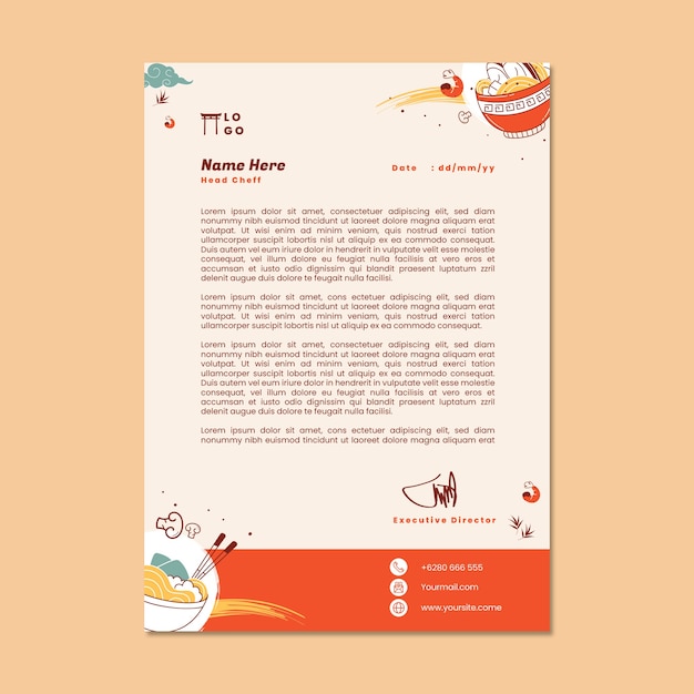 Flat design japanese restaurant letterhead template