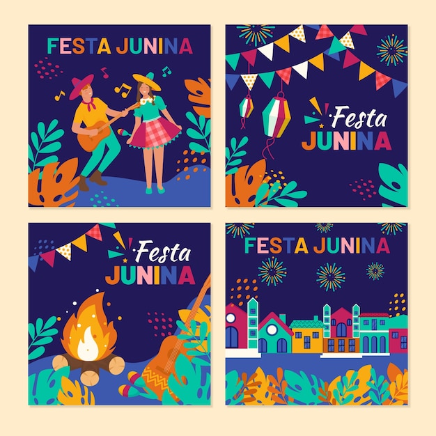 Free Vector flat design june festival card collection