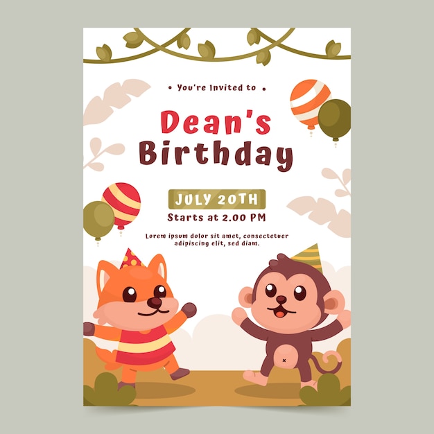 Flat design jungle birthday party invitation template