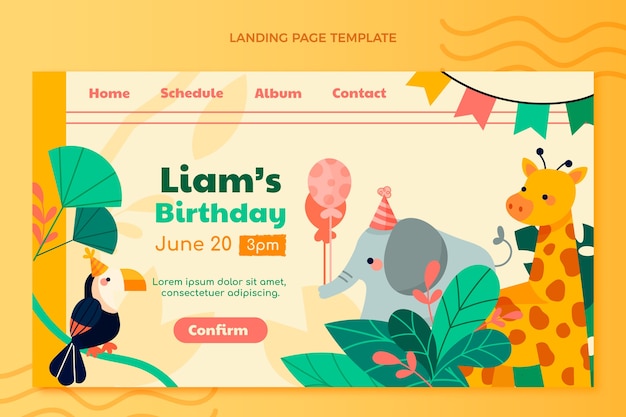 Flat design jungle birthday party landing page