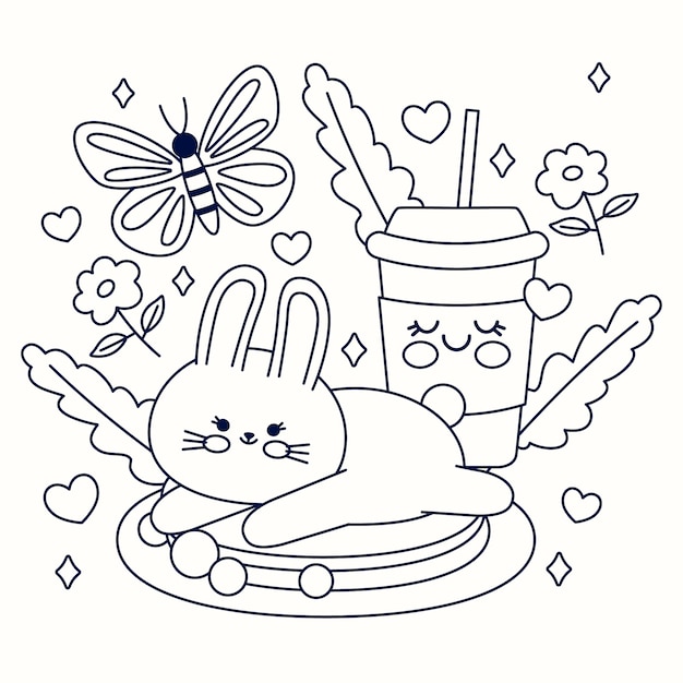 Flat design kawaii coloring book illustration