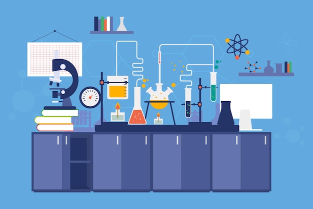 Flat design laboratory room with microscope