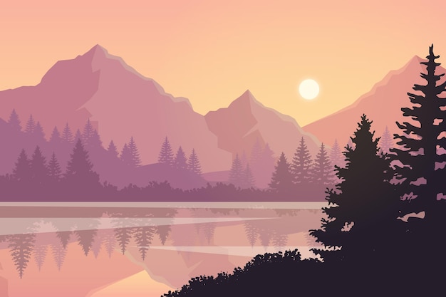 Flat design lake scenery