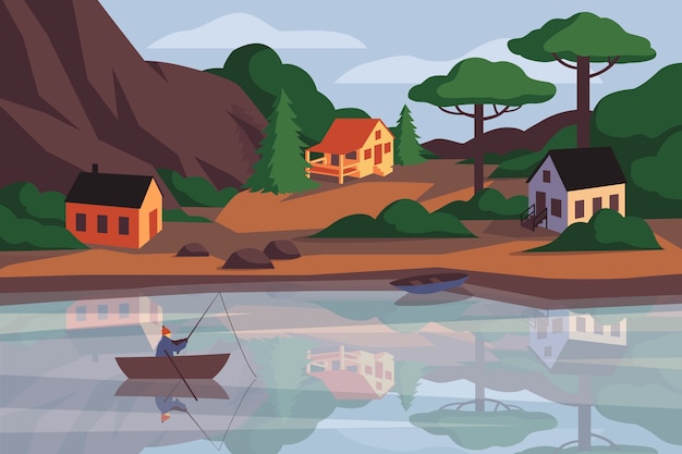 Flat design lake scenery